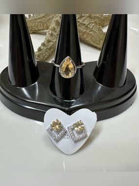 Citrine Teardrop Ring and Stud Earrings Set - silver tone